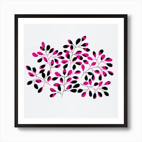 Leaf Sprig Pink Black Art Print