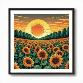 A Vibrant Field Of Sunflowers Stretching Towards The Horizon Under A Bright Sun A Poster Of Sunflowers In A Field With The Sun In The Background (3) Art Print