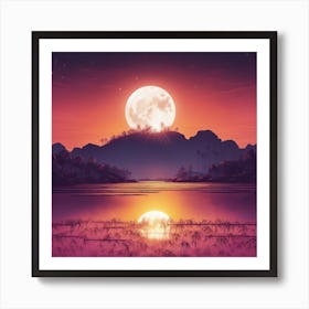 A Beautiful Big Moon Setting On The Horizon, The Sun Shines Through The Tops Of Rice Art Print