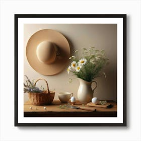 Still life with a hat, a basket, a vase of flowers, a cup, a knife, a cutting board, and some eggs on a wooden table against a beige background Art Print