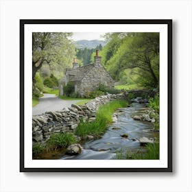 Stone Cottage By The Stream Art Print