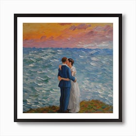 Bride And Groom At Sunset Art Print