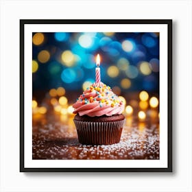 Birthday Celebration Cupcake Adorned With Vibrant Hued Frosting Single Candle Alight Casting A So Art Print