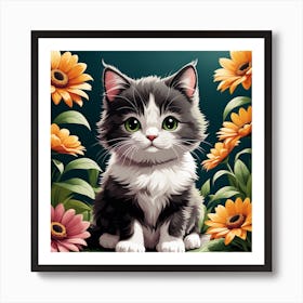 Cute Kitten With Flowers Art Print