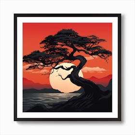 Japanese Style Tree Silhouette Over Moonlit Sea Art Print