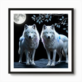 White Wolfs Standing In Front Of A Full Moon Art Print