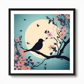 Bird In The Tree At Night, Tuquesa and Rose Art Print