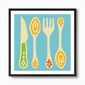 CUTLERY Pop Art Utensils Knife Spoon Fork in Vintage Retro Green Yellow Orange on Blue Kitchen Art Print