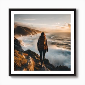 Woman Standing On Cliff At Sunset Art Print