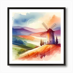 Watercolor Landscape With Windmill Art Print