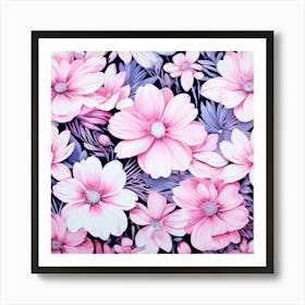 Floral Fantasia A Vibrant Pattern Bursting With Baby Pink White Flowers Perfect For Those Pink Flowers On Black Background 1 Art Print