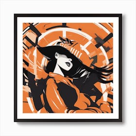 A Silhouette Of A Man Wearing A Black Hat And Laying On Her Back On A Orange Screen, In The Style Of (1) Art Print