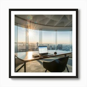 Office Desk With Laptop And City View Art Print