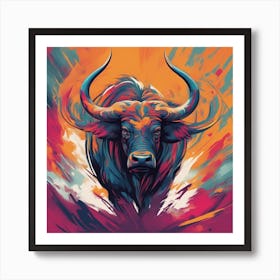 An Abstract Representation Of A Roaring Cape Buffalo, Formed With Bold Brush Strokes And Vibrant Col Art Print