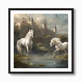 White Horses In A Castle Art Print
