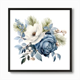 Blue and White Floral Arrangement Wall Art - Winter Roses and Magnolia Print Art Print