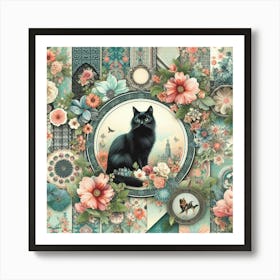 Black Cat With Flowers 2 Art Print