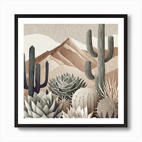 Firefly Modern Abstract Beautiful Lush Cactus And Succulent Garden In Neutral Muted Colors Of Tan, G (16) Art Print