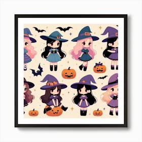 Cute Halloween Witches - Vector style Illustration Art Print