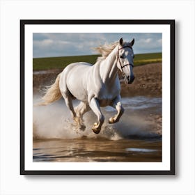 White Horse Running In Water 1 Art Print