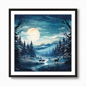 Winter Landscape With Deer for Christmas Art Print