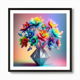 3d Multicolored Flowers In A Vase Art Print