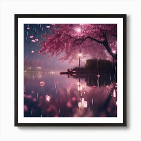 Moonlight Cherry Blossom on the Lake Poster