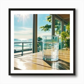 Sunny Day Wet Glass On Table Filled With Water In Front Of Camera Window Beach And Sea In Background Art Print