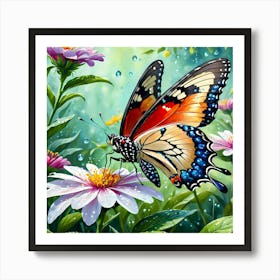 Butterfly On A Blooming Flower In Spring Garden, Painting Art Art Print