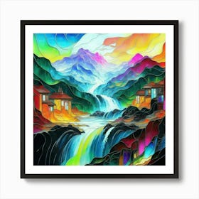 Abstract art stained glass art of a mountain village in watercolor 16 Art Print