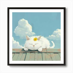 White Cat Sleeping On Roof Art Print