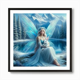 Fairy sitting in snow with a white bunny  Art Print