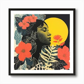 Risograph Style Abstract Girl & Flowers Art Print