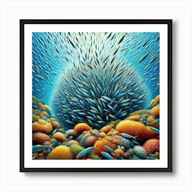 Sardines Gathering Around A Coral Reef In A Vibrant Mosaic, Style Digital Mosaic 2 Art Print