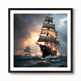 Pirate Ship In Stormy Sea Art Print