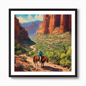 Detailed, vibrant illustration of a cowboy in the copper canyons the Sierra of Chihuahua State Art Print