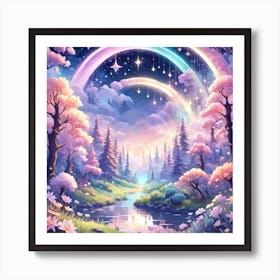 A Fantasy Forest With Twinkling Stars In Pastel Tone Square Composition 51 Art Print