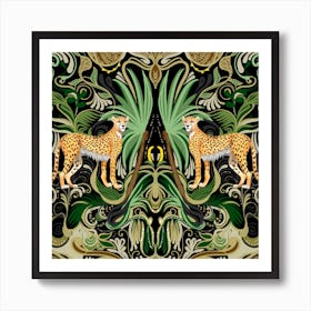 Symmetrical Twin Tropical Palm And Cheetah Wild Art Print