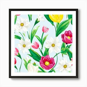 Cartoon Style Digital Painting Of An Isolated Spring Bouquet Featuring Blooming Tulips Roses And D (1) 2 Art Print