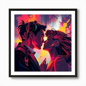 Futuristic Sci Fi Abstract Art Portraying Love, High Contrast And Low Key Lighting, Vibrant Complementary Colors, Balanced Tones, Deep Shadows, And Space Elements Art Print