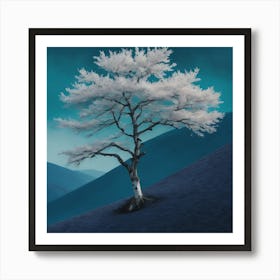 White Tree on blue mountain Art Print