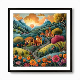 Village In The Countryside, Naive, Whimsical, Folk Art Print