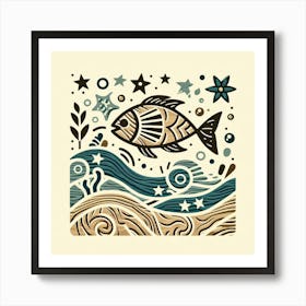 Stylized Fish in a Vibrant Ocean Scene Art Print