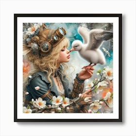 Steampunk Girl With Bird Art Print