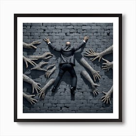 Man With Hands Reaching Out Of A Brick Wall Art Print