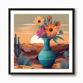 Flower vase decorated with desert landscape, blue, orange and pink Art Print