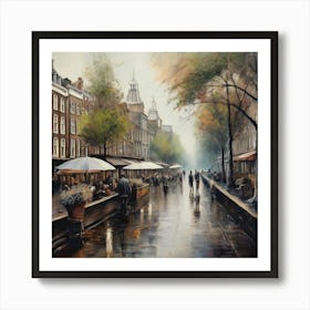 Amsterdam cafes, autumn season, rain, autumn oil colours.Faded colours,People passing on the street, winter clothes, rain umbrellas.2 Art Print