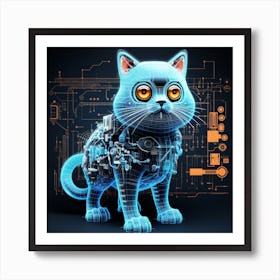 Blue Cat With Circuit Board Art Print