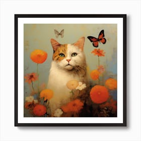 Cat & Butterflies in the Flowerbed Art Print