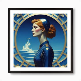 Art Deco Style Diving Woman In Navy Blue Painti(1) Art Print
